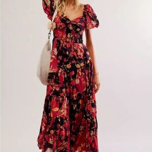 Free People Sundrenched Short Sleeve Maxi Dress in Dark Red Combo